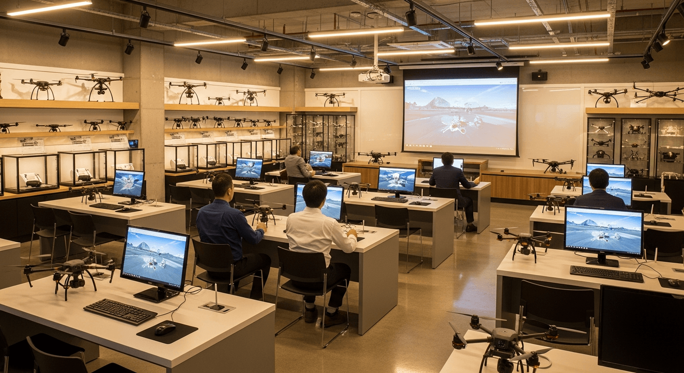 A drone training classroom with flight simulators and aircraft on the benches