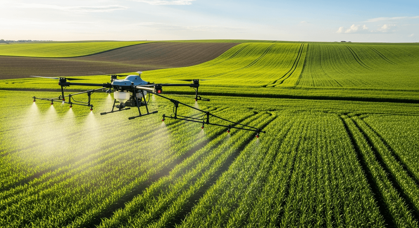 An agricultural drone laying a spray swath across rows of young crop